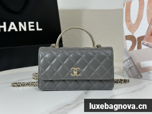 Chanel Lambskin Quilted Pick Me Up Wallet On Chain WOC Grey