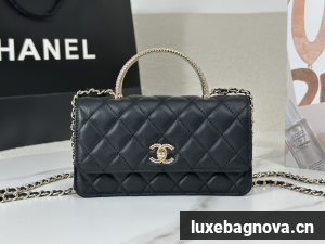 Chanel Lambskin Quilted Pick Me Up Wallet On Chain WOC Black